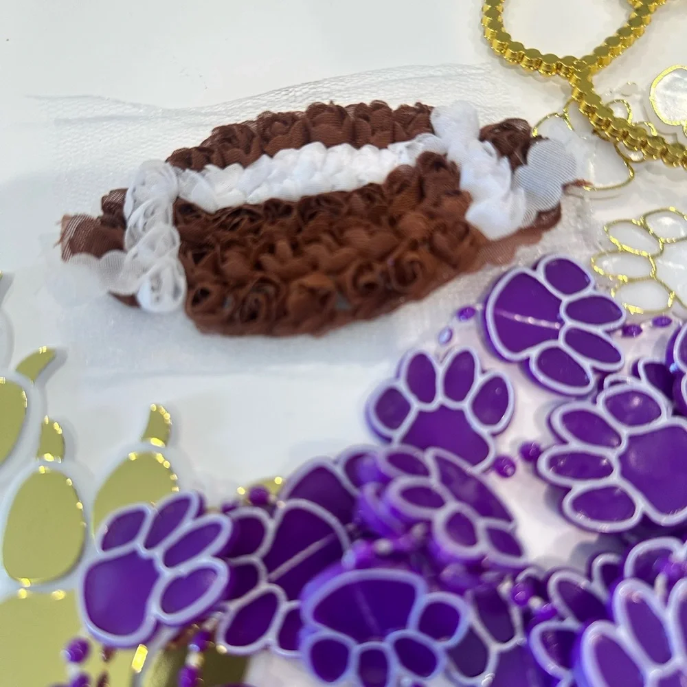 Mum Garter Homecoming Trinkets Purple Metallic Gold White Football Cheer